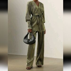 2pcs Women's Fashion Street Style Solid Color Pleated Lantern Sleeve Tie Front